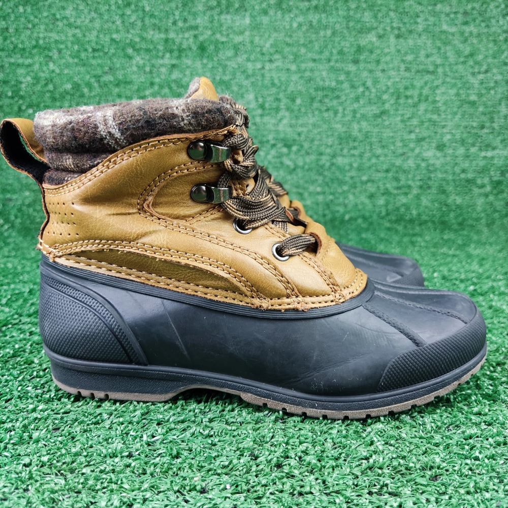 Magellan Duck Boots Boys 12D Tan Black Plaid Collar Lace Up Winter Rain Boots